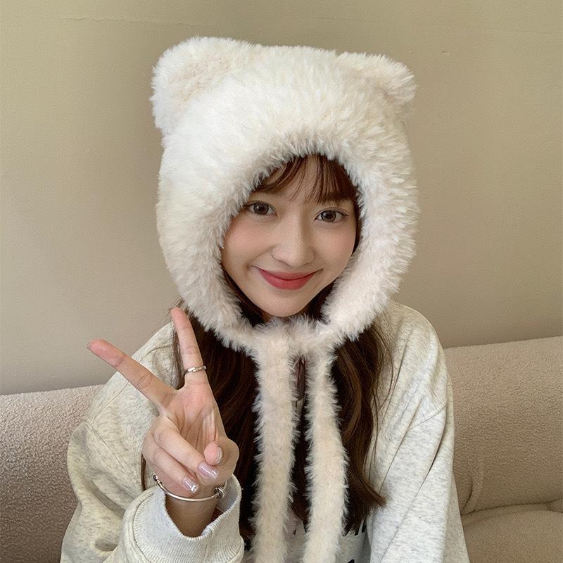 Plush Hat Female Winter Cute Bear Ears Striped Contrasting Color New Sweet Contrasting Color Knitted Wool Hat