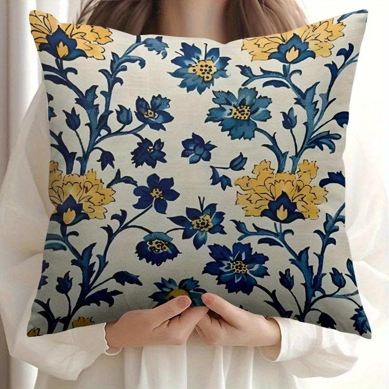 1PC Navy Blue Yellow Cushion Cover Floral Pattern Throw Pillow Cover with Zipper Closure Home Decor Double-Sided Print 60x60cm 8060₽