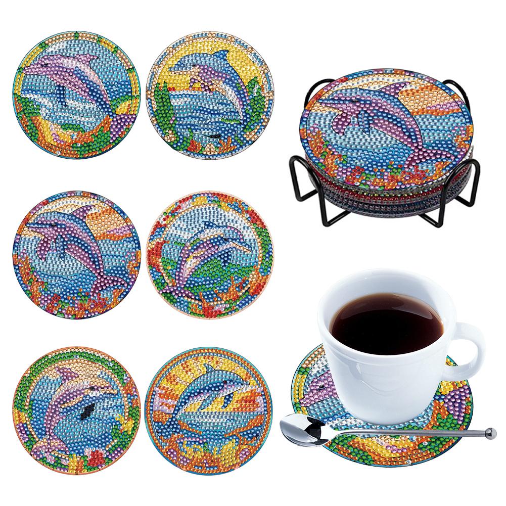 Special Shape Diamond Painting Coasters Kits Sun Stain Glass 6PCS Full Drill Diamond Coaster Dolphin Stain Glass Bee Stain Glass