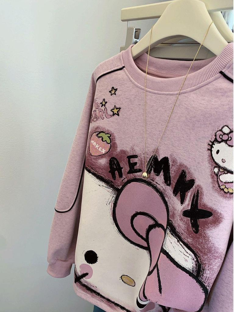 Women's Cute Pink Cartoon Crew Neck Sweatshirt - Early Autumn Petite Style, Super Trendy.