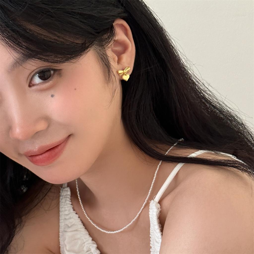 925 Silver Needle Bow Earrings Women's Exquisite Sweet Small Fragrant Love Earrings Light Luxury Premium New Earrings