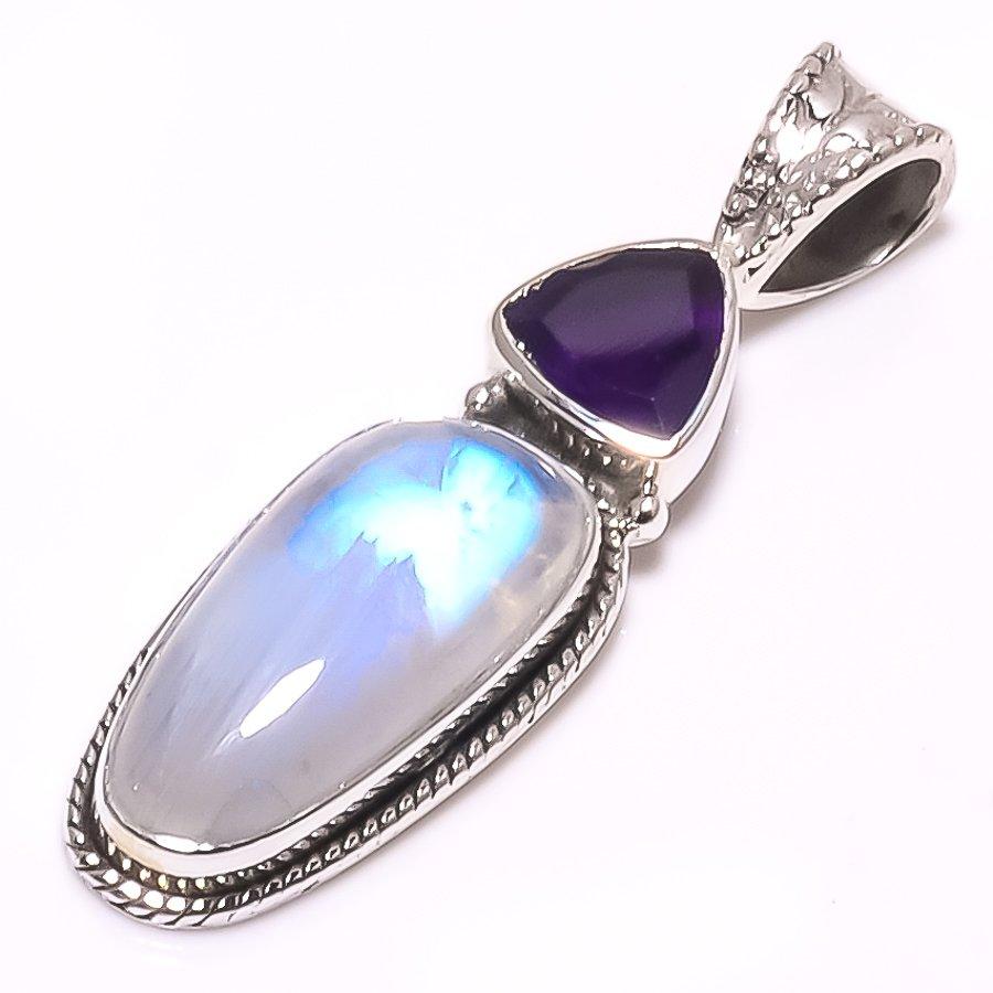 Natural Rainbow Moonstone, Amethyst 925 Solid Sterling Silver Pendant 1.42" I9c85