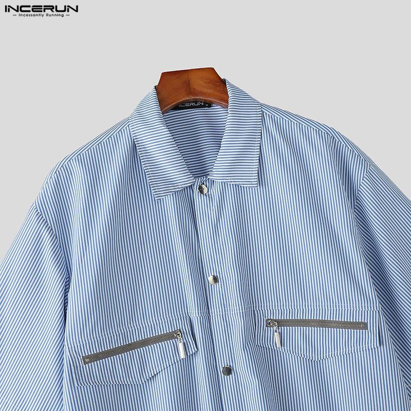 Lapel Incerun Men Oversized Neck Short Sleeve Striped Splicing Casual Summer Shirts