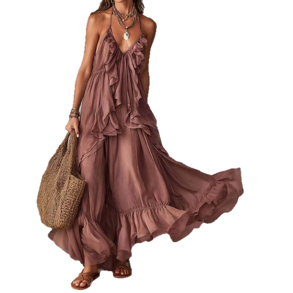European and American style pleated ruffle edge suspender dress women's summer vacation long dress elegant irregular design skirt