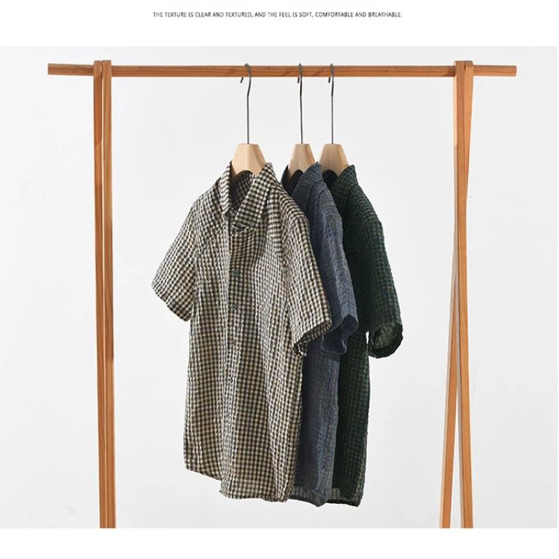 Harajuku Style Short Sleeve Plaid Shirts for Men Summer Casual Tops Button Bubble Shirt Male