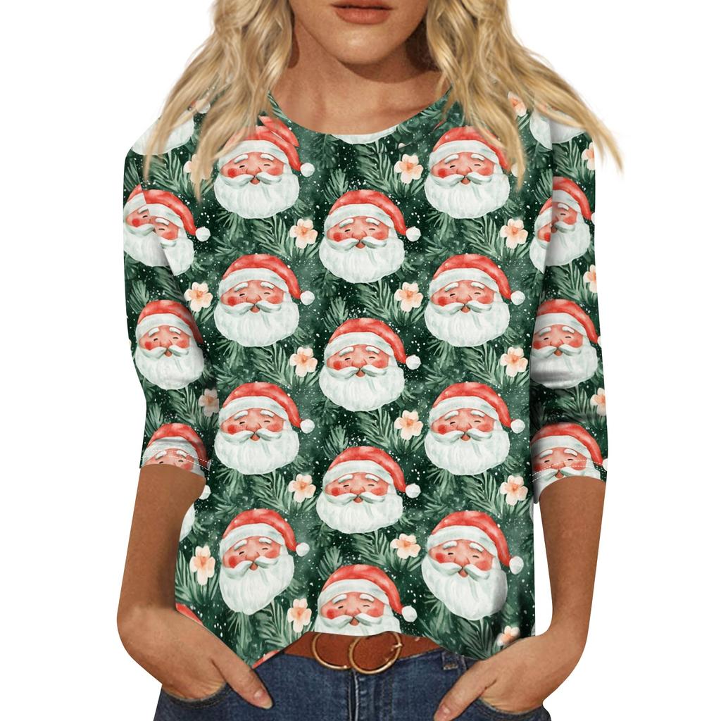 Women's Casual Christmas Print Three-Quarter Sleeve Neck Blouse