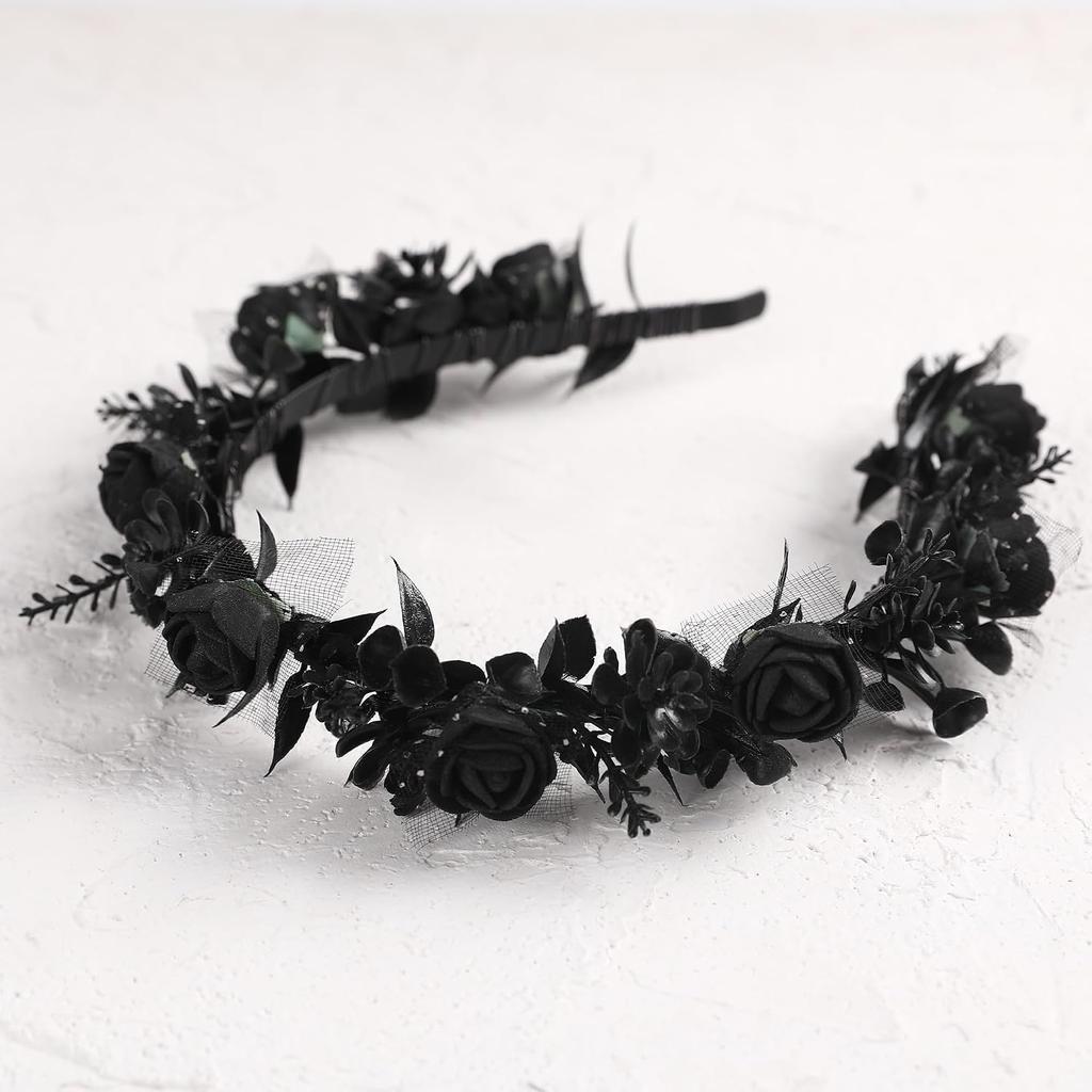 Black Floral Headpiece - Women's Elegant Lace Foam Rose Headband With Flowers for Hair Accessories, Wedding, Party, Birthday Gift, Photo Props | Dark