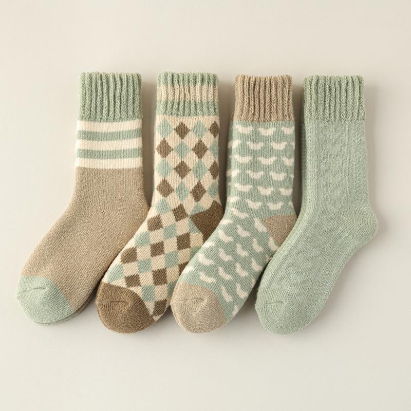 5/10 Pairs Women Double Layer Octagonal Flower Rabbit Wool Socks Autumn Winter Retro Coarse Knit Socks
