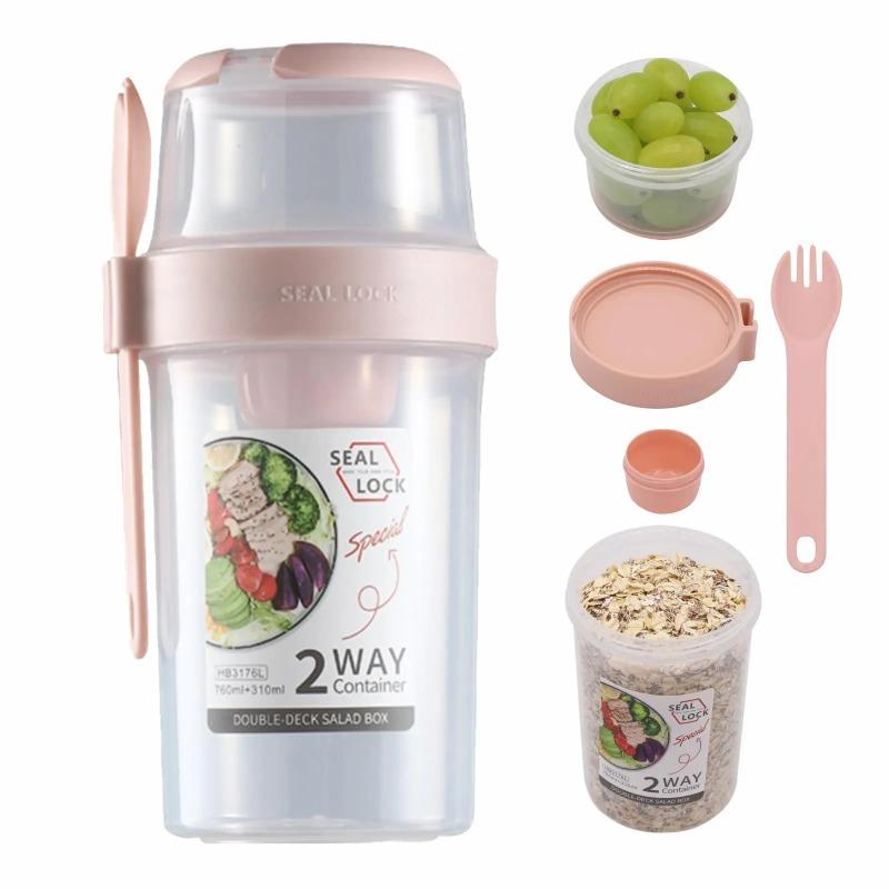 Double Layer Plastic Salad Cup with Spoon Lid Breakfast Cup Yogurt Cereal Overnight Oatmeal Sealed with Fork Portable Light Food