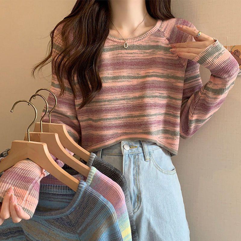 French Retro Designed Striped Knit Top Women's Spring Autumn Irregular Loose Short Long Sleeve Top