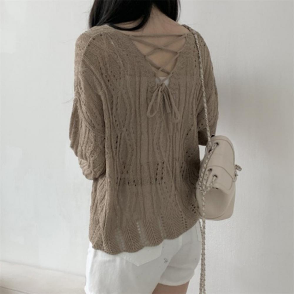 New Arrivals Open Run Women Lace Up Ribbon Detail Cable Knit Cardigan