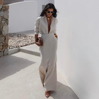 Conjunto de Dos Piezas de Camisa Elegante de Manga Larga con Solapa y Falda Adelgazante de Cintura Alta, Novedad Verano 2026