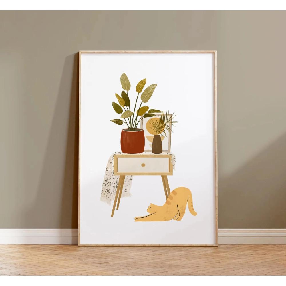 Watercolor Cute Kittens Potted Plant Canvas Print Cartoon Green Plants Animals Wall Art Postes for Modern Living Room Home Decor