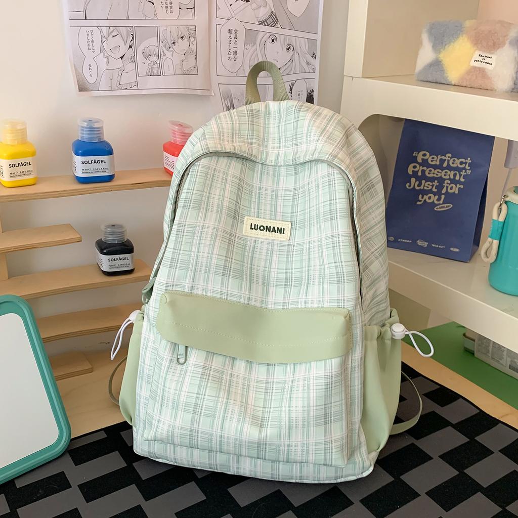 School bag: summer scorching mint soda, light blue checkered soft girl exclusive small backpack, campus sweet style student backpack
