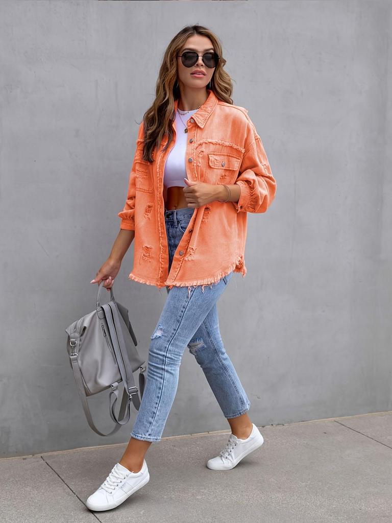 2025 Europäischer Stil Ausgefranste Jeansjacke - Damen Herbst/Winter Lässig Langarm Revers Oberteil