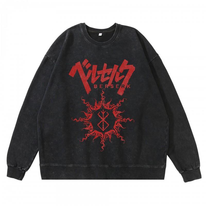 Heavyweight 360g Washed Vintage Berserk Anime Streetwear Cotton Pullover Hoodie-Free Crewneck Sweatshirt Men