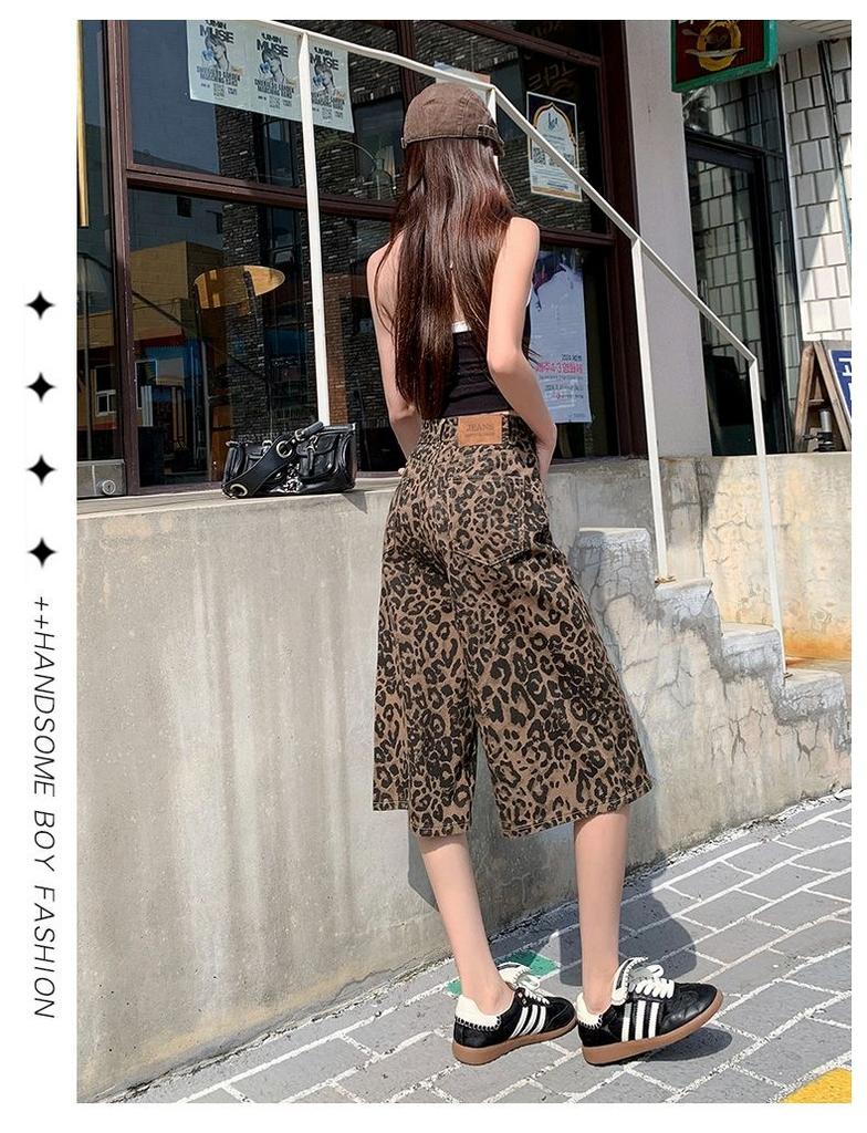 Gedijie leopard print wide leg denim shorts, women's high waisted versatile casual loose straight leg pants