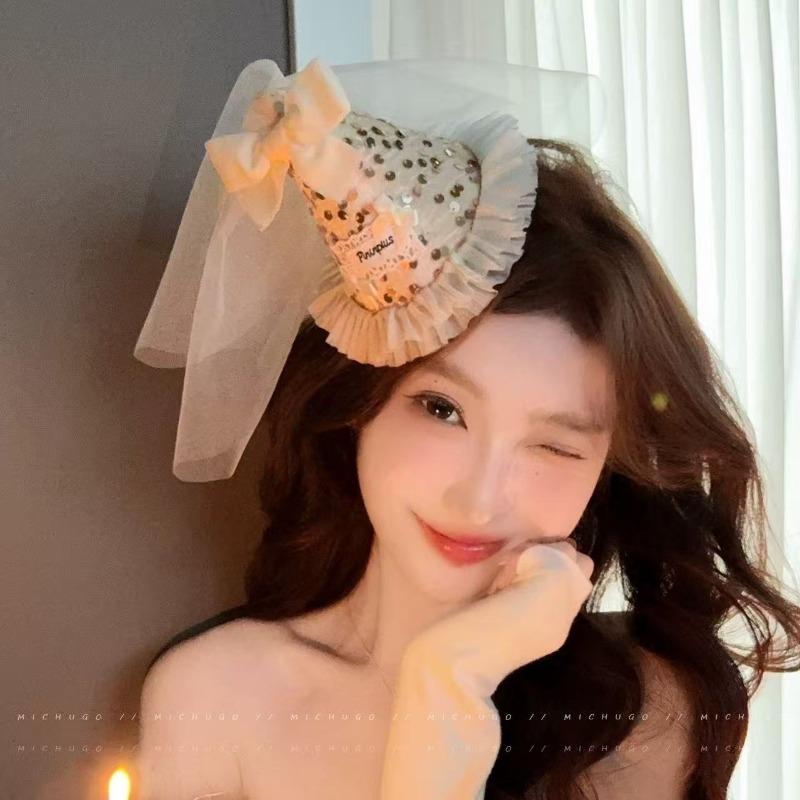 Sweet Netted Ribbon Bow Sequin Hat Hairpin, Quirky Atmosphere-themed Duckbill Hairpin Hair Accessory