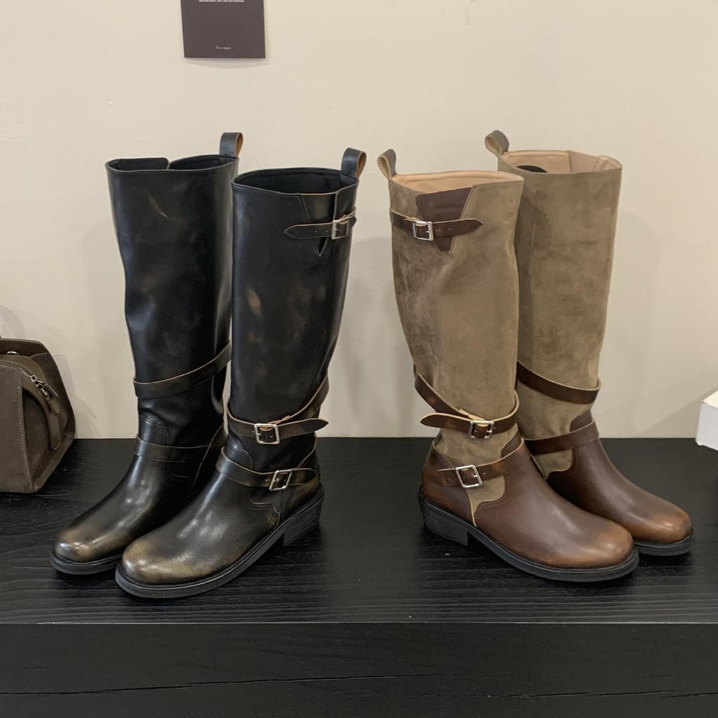 Heavy Knight Boots "retro Old Polished Pleated Boots Women's Autumn Thick Heel Belt Buckle Locomotive Stacking Boots