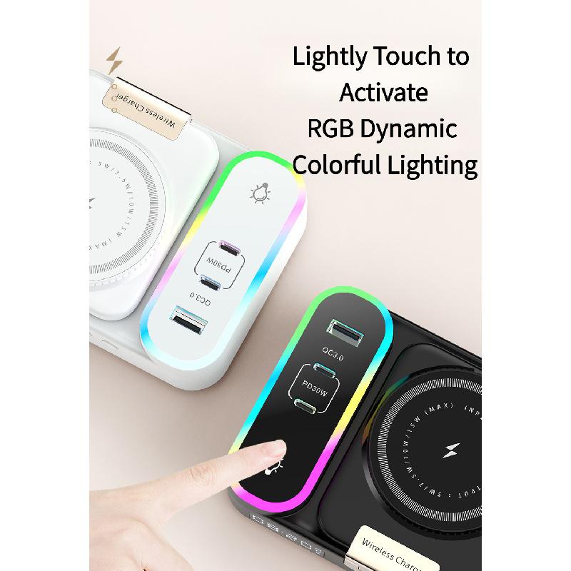 8 in 1 Magnetic Wireless Charger Retractable USB-C Cable RGB Ambient Light Alarm Clock Multi-Device Desk Station