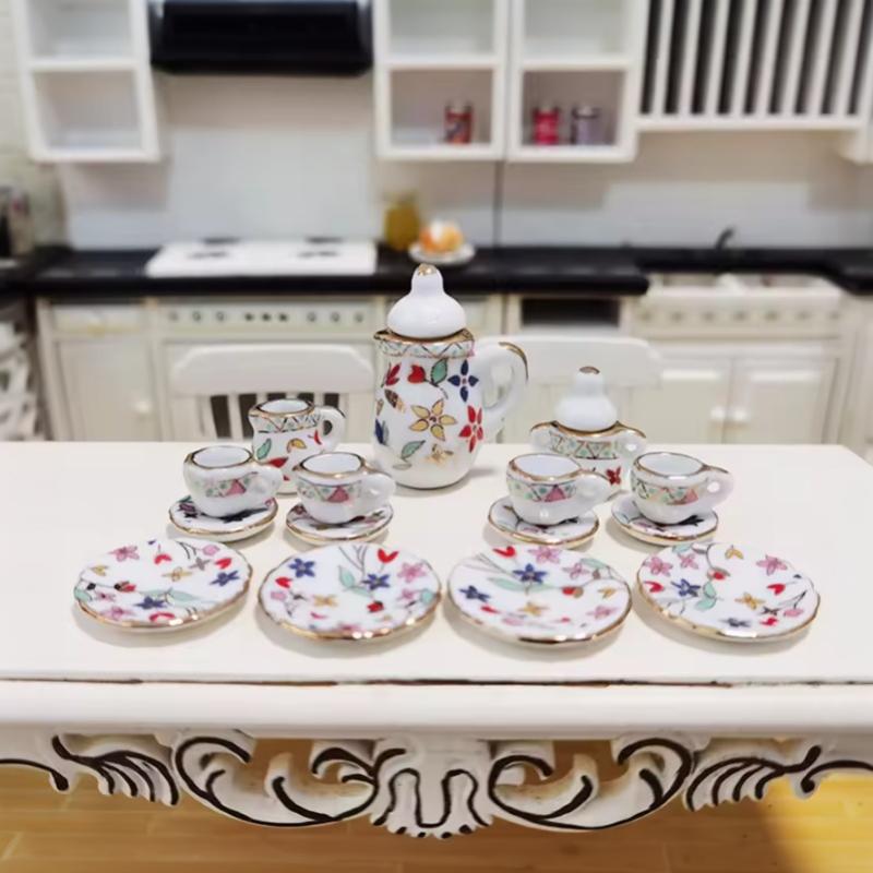 1 Set 15Pcs Miniature Tableware Ceramic Tea Set Dollhouse Playhouse Toys Pocket Mini Tea Set Mini Food Toys Gift