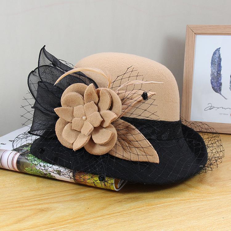 Woolen Hat Women'S Autumn And Winter British Retro Versatile Basin Hat Hepburn Mesh Flower Crimped Top Hat
