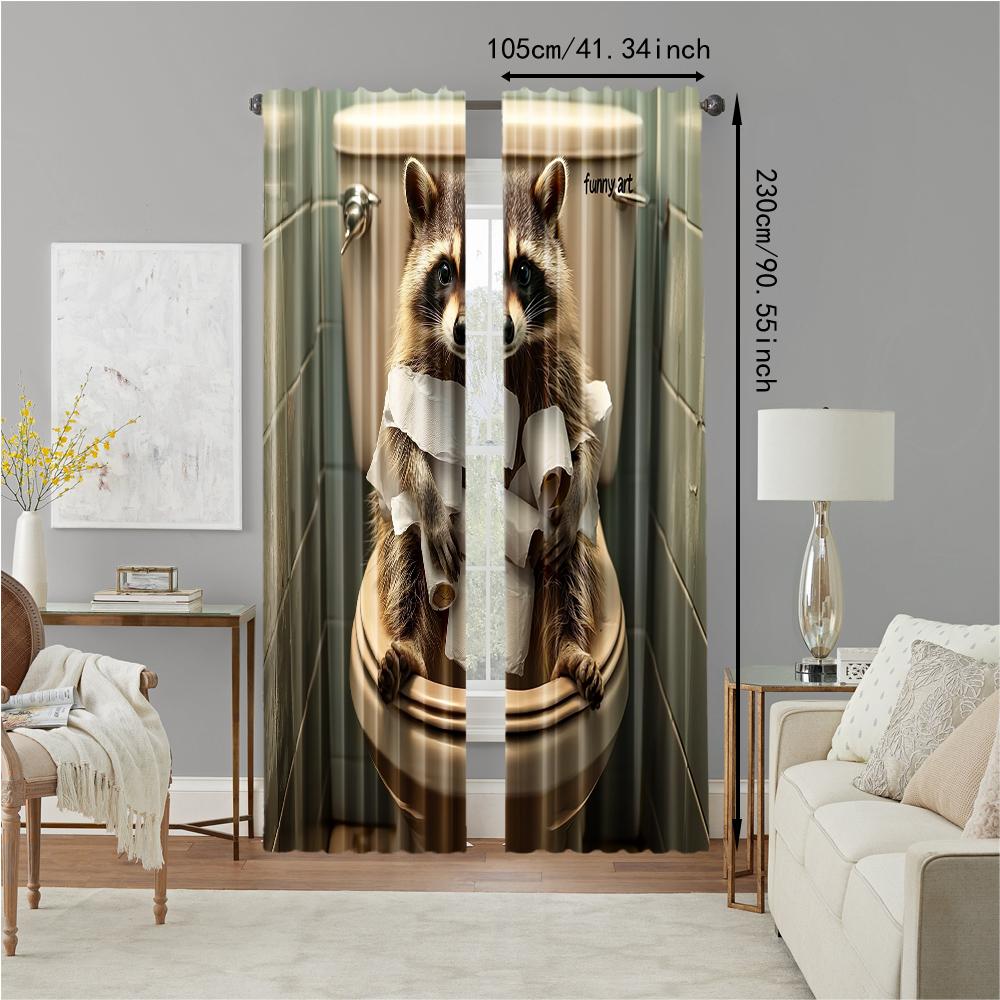 2 pcs, versatile polyester transparent curtains for home decoration Funny Raccoon for use in bedrooms and living rooms