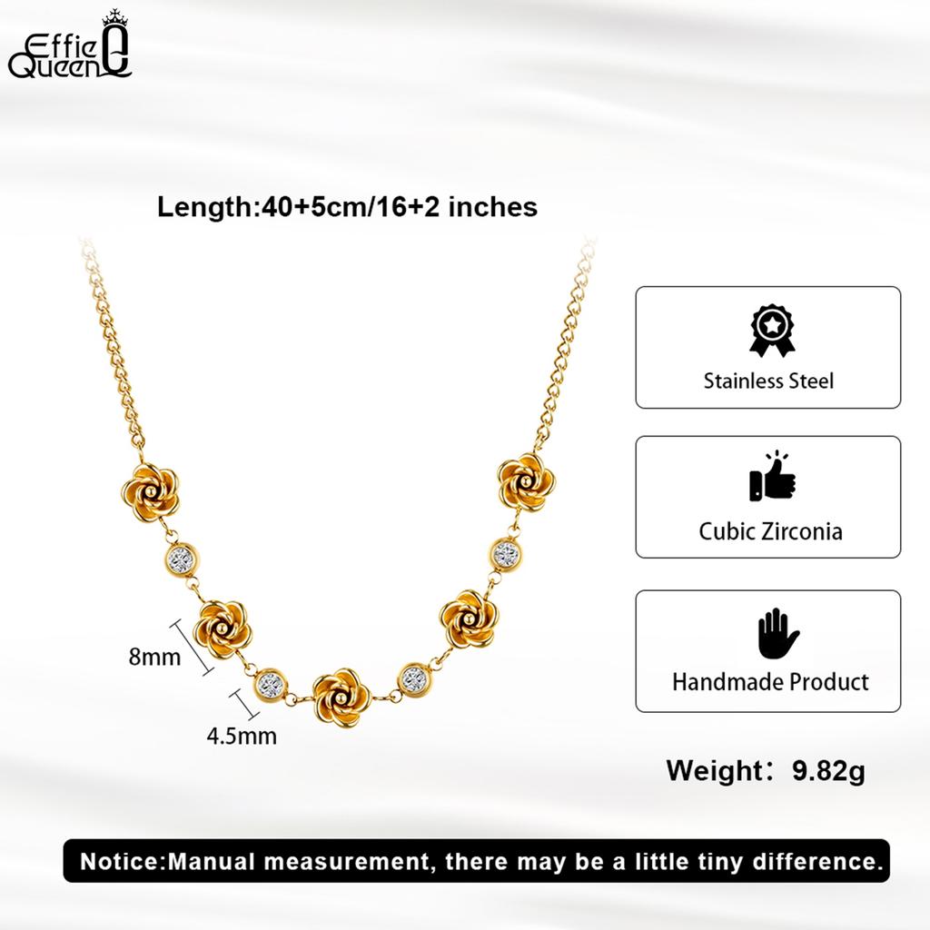 EFFIE QUEEN Stainless Steel 18k Gold & Zirconia Flower Chain Choker Necklace Romantic Jewelry for Women, Men Banquet Gift STKN10