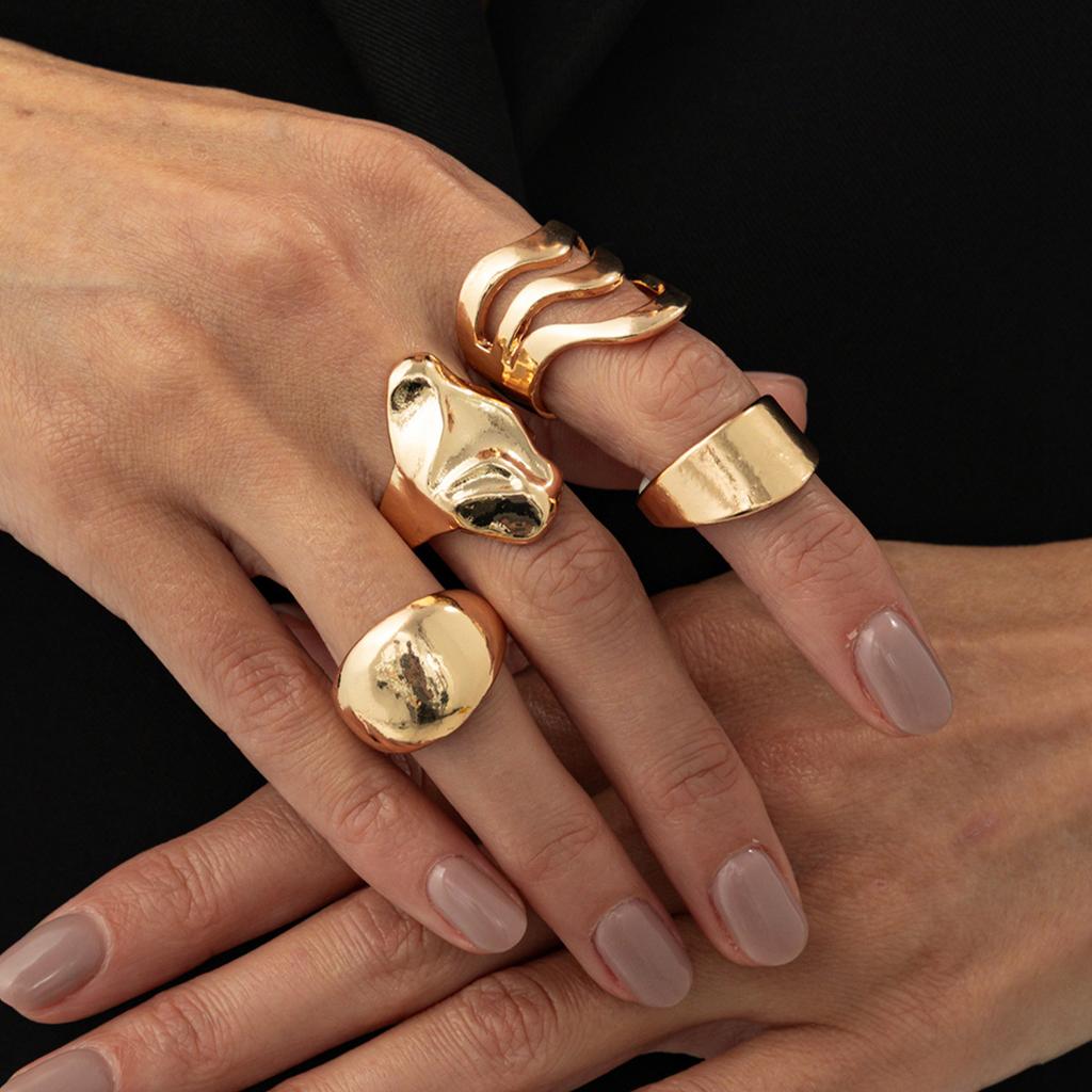 Liquid Metal Folded Wide Ring, Stylish Geometric Wave Glossy Open Ring Set