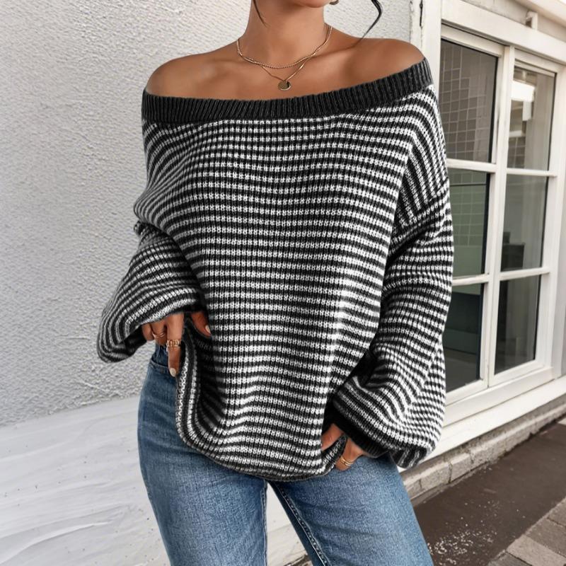 Fashion One-word Neck Striped Off-the-shoulder Knitted Women Sweater Autumn and Winter Pullover Loose Simple Office Sweaters Casual Long Sleeve Tops