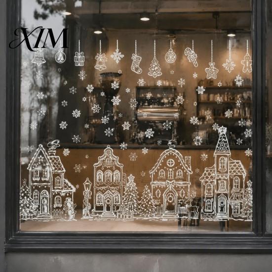 Static Window Decals 4Pcs Christmas Town House Stickers, Removable Snowflake Glass Home Ornaments Decals, Reusable PVC Clings for Holiday Party Decor