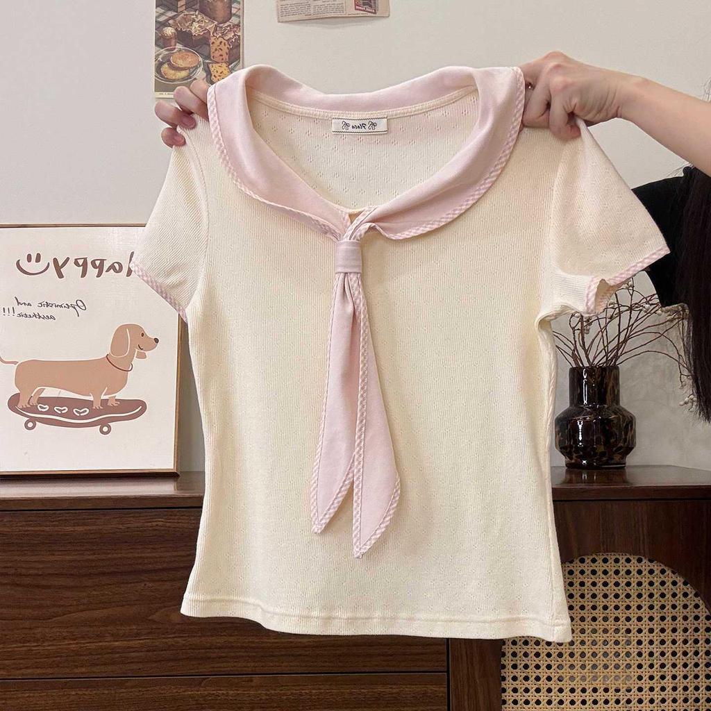 Women's Summer Sweet Doll Collar Tie-Up Short Sleeve Slim-Fit T-Shirt, Korean Style, Versatile & Chic.