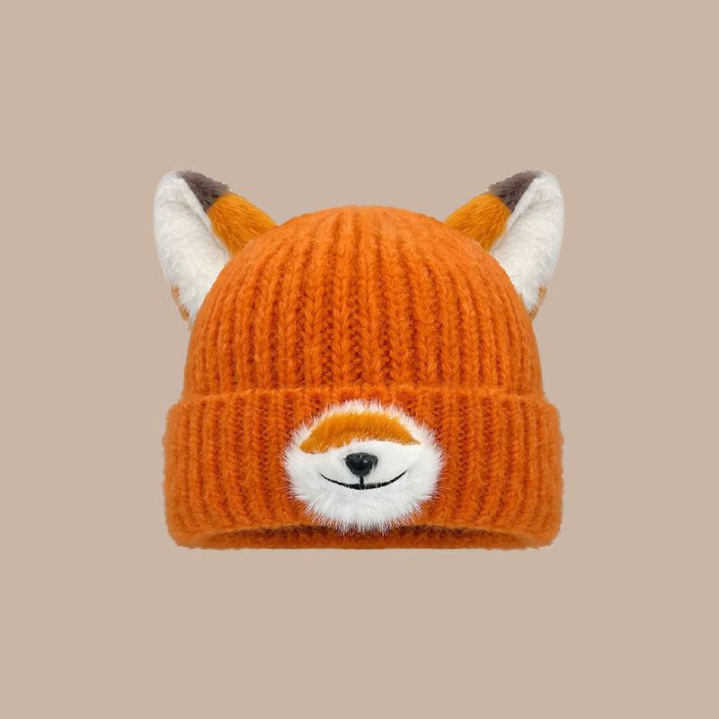 Cappello in Maglia Arancione a Volpe con Orecchie da Cartone Animato per Calore Invernale e Stile Casual