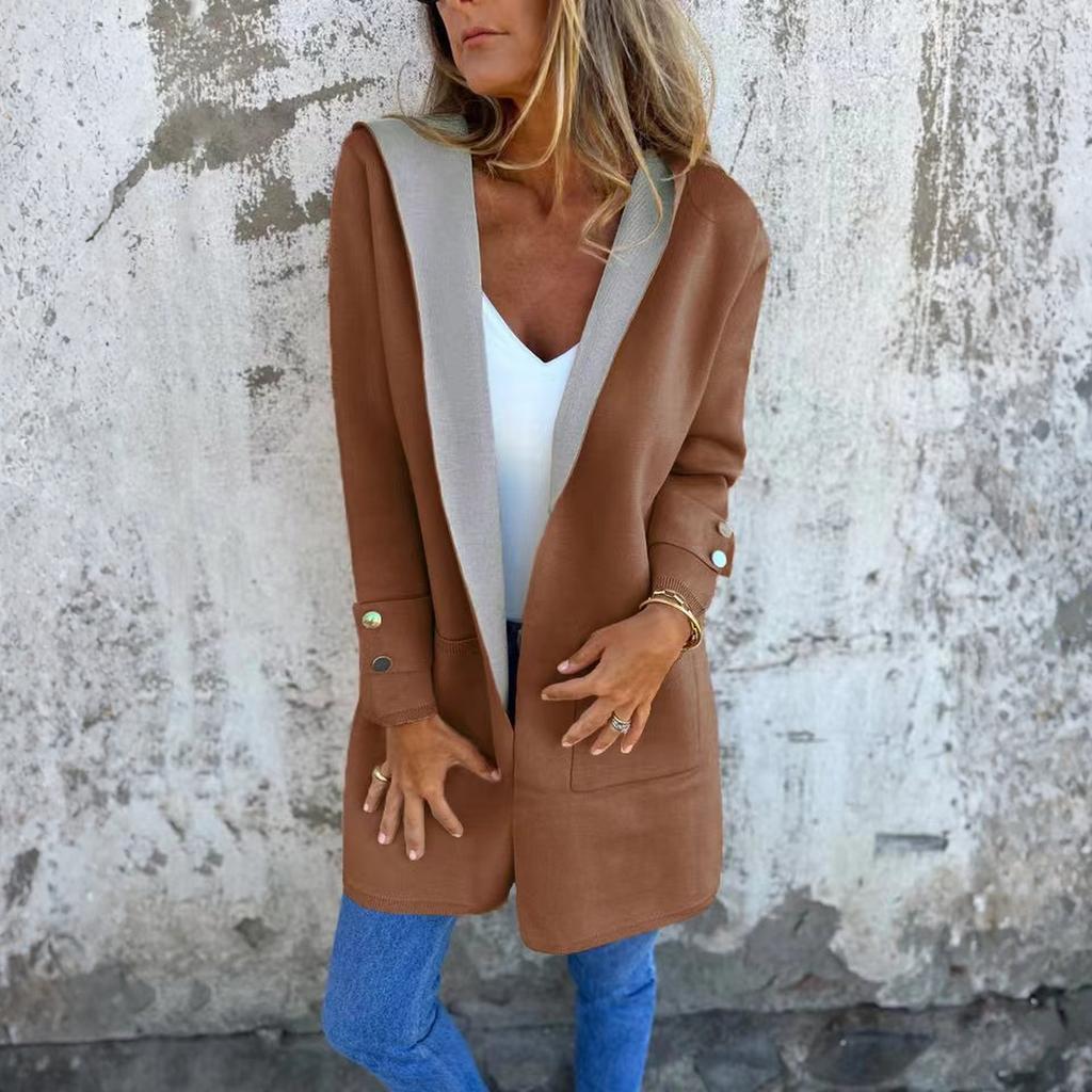Fashionable Solid Color Long Sleeved Pocket Casual Sweater Cardigan Hooded Jacket