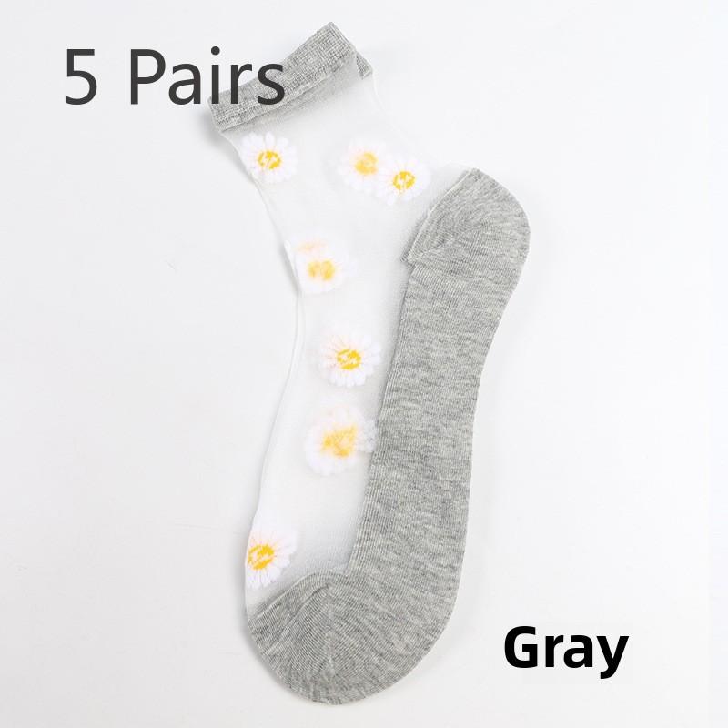 5 Pairs Small Daisy Socks Women's Summer Thin Midtube Invisible Glass Silk Crystal Stockings