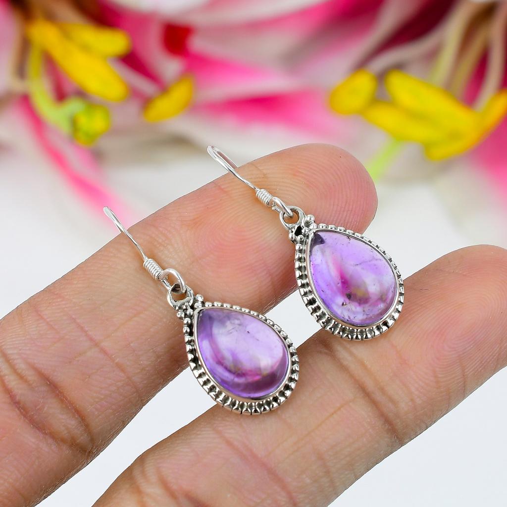 Natural Amethyst Gemstone Handmade 925 Solid Sterling Silver Earring 1.25" O3j33