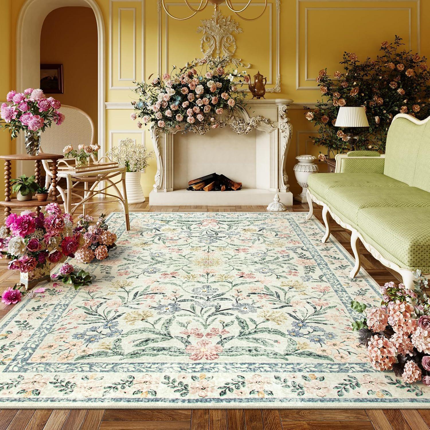 

Vintage Floral Series Crystal Velvet Carpet Home Light Luxury Living Room Decoration Non-slip Easy Care Bedside Rugs 40x60cm 16x24inch