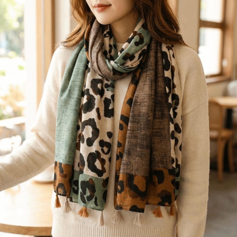 Tassel Leopard Print Scarf Color Block Large Wrap Shawl Fashion Shawl  Daily Outfit