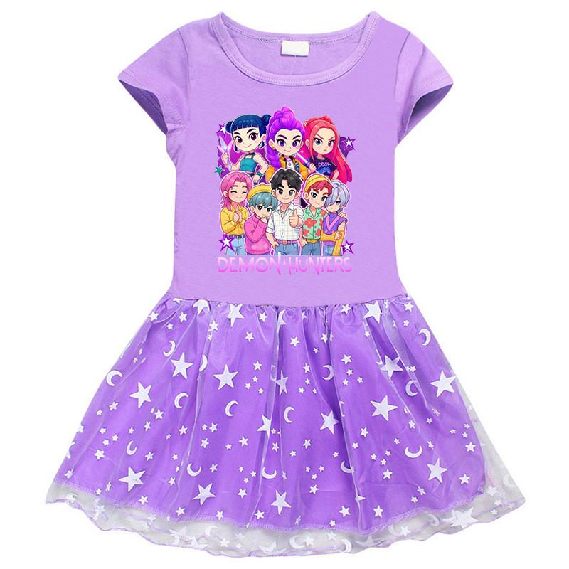 Girls Kpop Mira Zoey Rumi Hunters Print Round Neck Cotton Mesh Dress