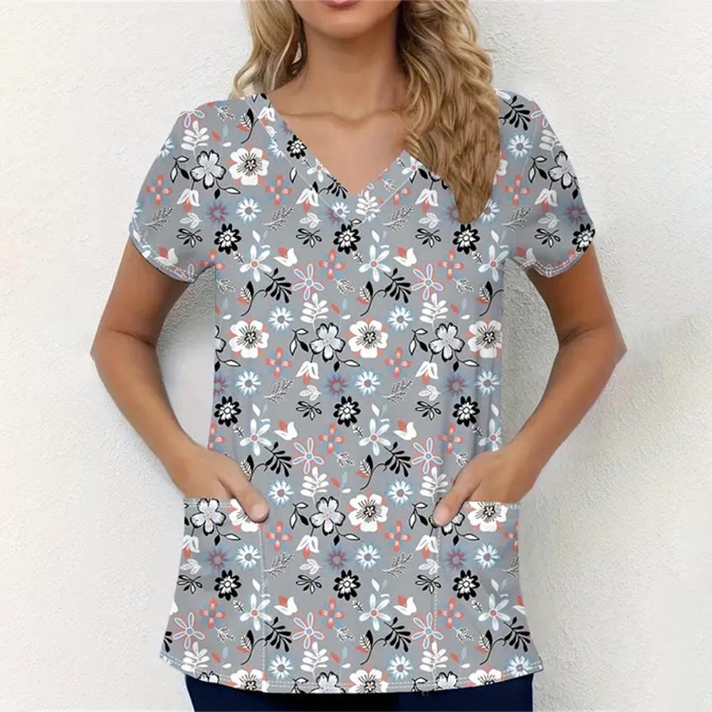 Scrubs Medical Uniforms Woman Fashion Floral Print Dental Nurse Tops V-Neck Short Sleeve Patch Pocket Tees Nurse Uniform Woman