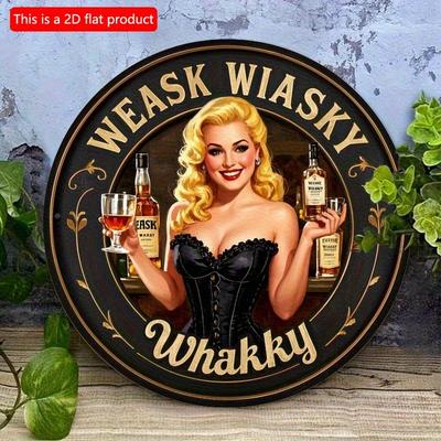 2d Flat 20*20cm Retro Whiskey Wooden Wall Artcircular Wooden Sign with Blonde and Whiskey Designs, for Rural Decoration In Garages, Restaurants, Cafes