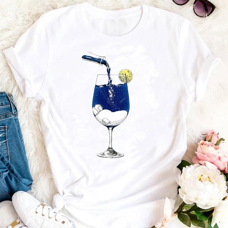 Women T Shirt Wine Glass And Starry Sky Print White Tshirt Female T-Shirt Fashion Short Sleeve Tee Tops Harjauku Cute Tshirt