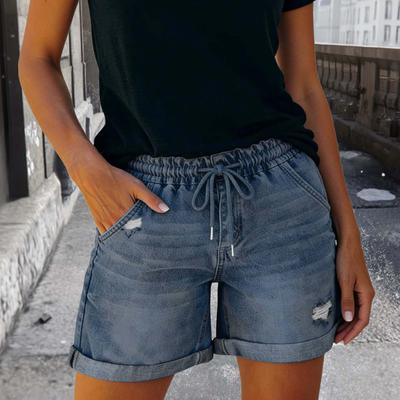 Damen Sommer Denim Shorts Kordelzug Taille Rissige Löcher Gerade Kurze Hosen Damen Lässige Shorts