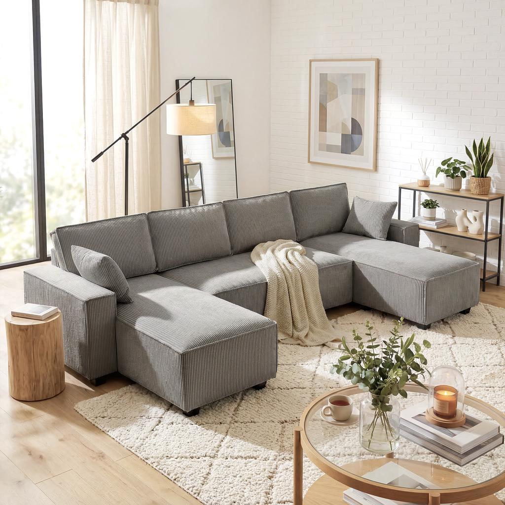 Corner Sofa with Double Chaise Lounges, U-Shaped Sofa Made of Corduroy Fabric with Wide and Deep Seat, Spring Cushions, Light Grey