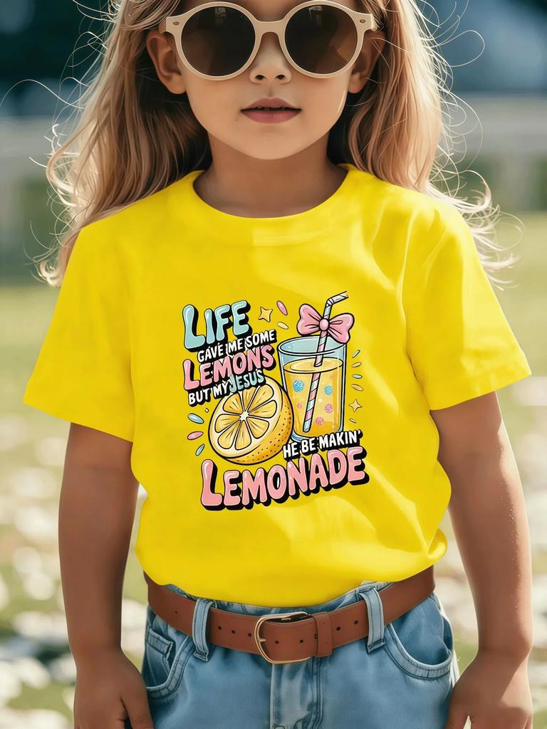 Kinder Sommer Lässiges T-Shirt Das Leben gab mir Zitronen Inspirierendes Zitronen- und Zitronenlimonadenbecher-Design Rundhals Kurzarm-T-Shirt