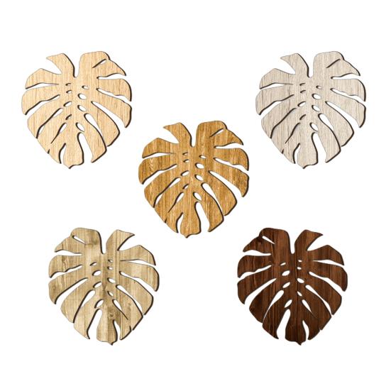 

5Pcs Tropical Leaf Coasters Wooden Drink Mats for Kitchen Bar Table Protection Monstera Shape Heat-Resistant Mat Rustic Home Decor Holiday Party 5pcs