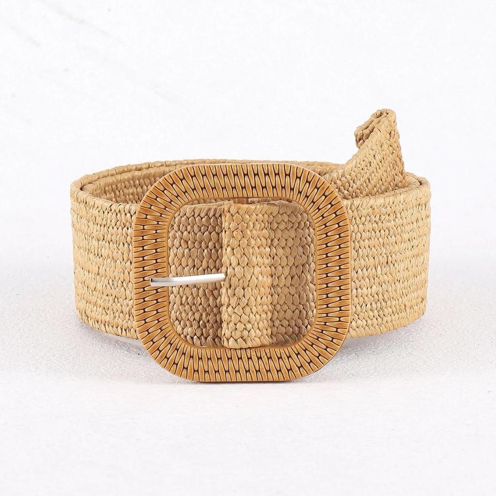 Square Buckle Straw Braid Waist Belt: Natural Pastoral Style, Popular In Europe and America