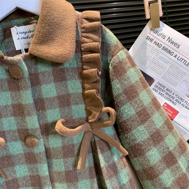 Cappotto di lana vintage da bambina, Autunno e Inverno Bambini Larga Scozzese Principessa Imbottito in Cotone Cappotto di Lana