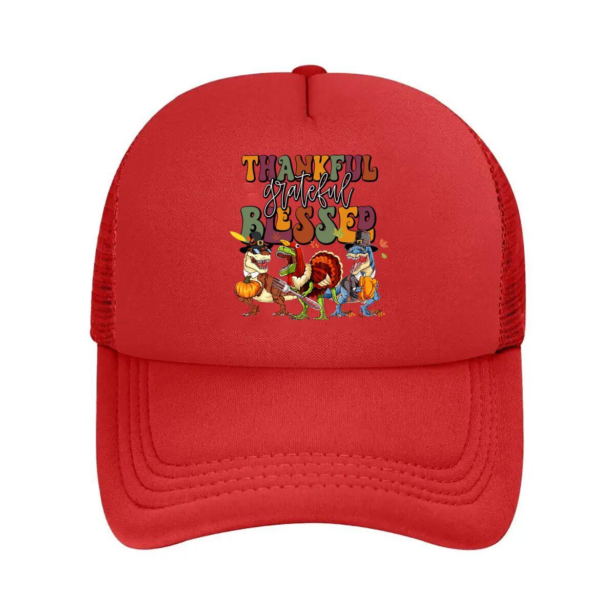 Thankful Grateful Blessed Thanksgiving Dinosaurs Pumpkin Turkey Mesh Baseball Cap Hip Hop Adjustable