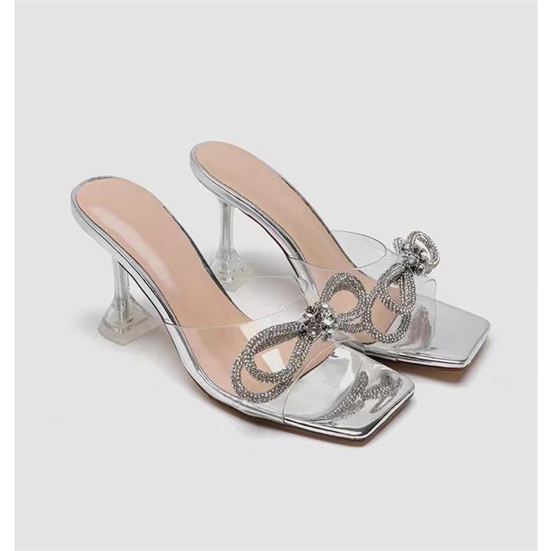 Transparent High Heels Women's New Cool Slippers In the Summer of 2024 Wear Thin Heels Versatile Bow Crystal and Slippers